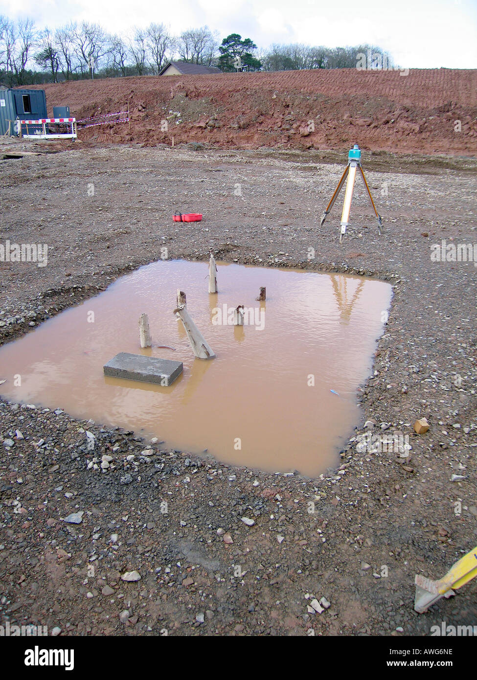 Concrete foundations and excavations on construction site Stock Photo