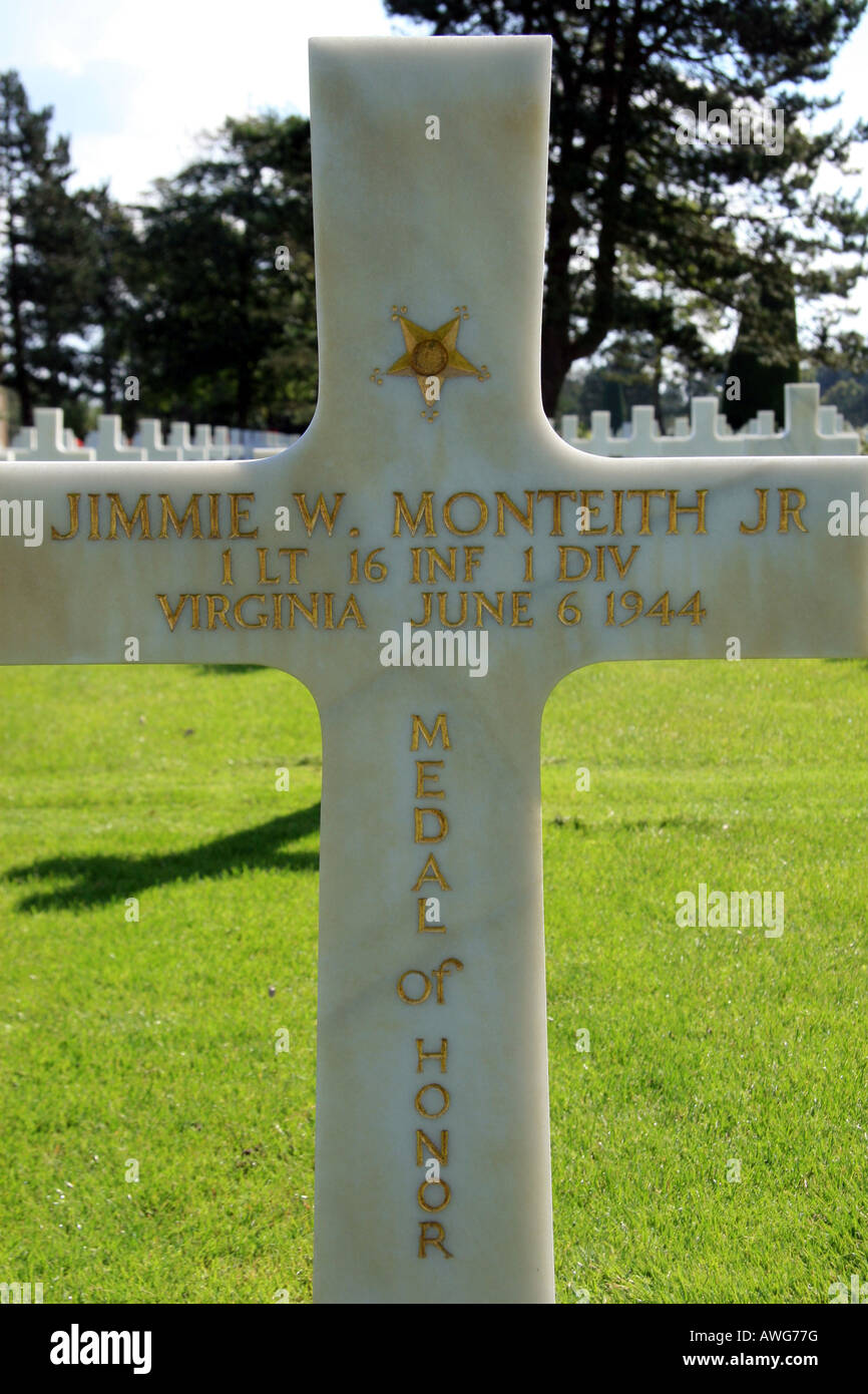 The grave of Jimmie W. Monteith Jr, Medal of Honor recipient, Normandy American Cemetery, France. Stock Photo