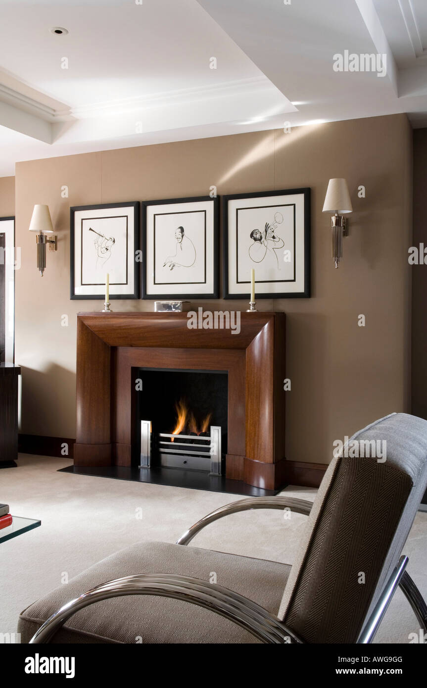 fireplace in the living room of a London apartment, interior design by