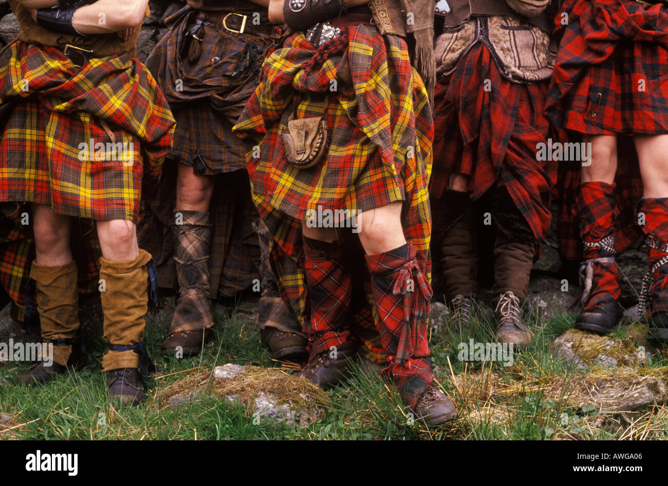 Scottish tartan kilts Scotland kilt being worn with sporran the traditional long Highland dress. Scotland 1990s UK HOMER SYKES Stock Photo