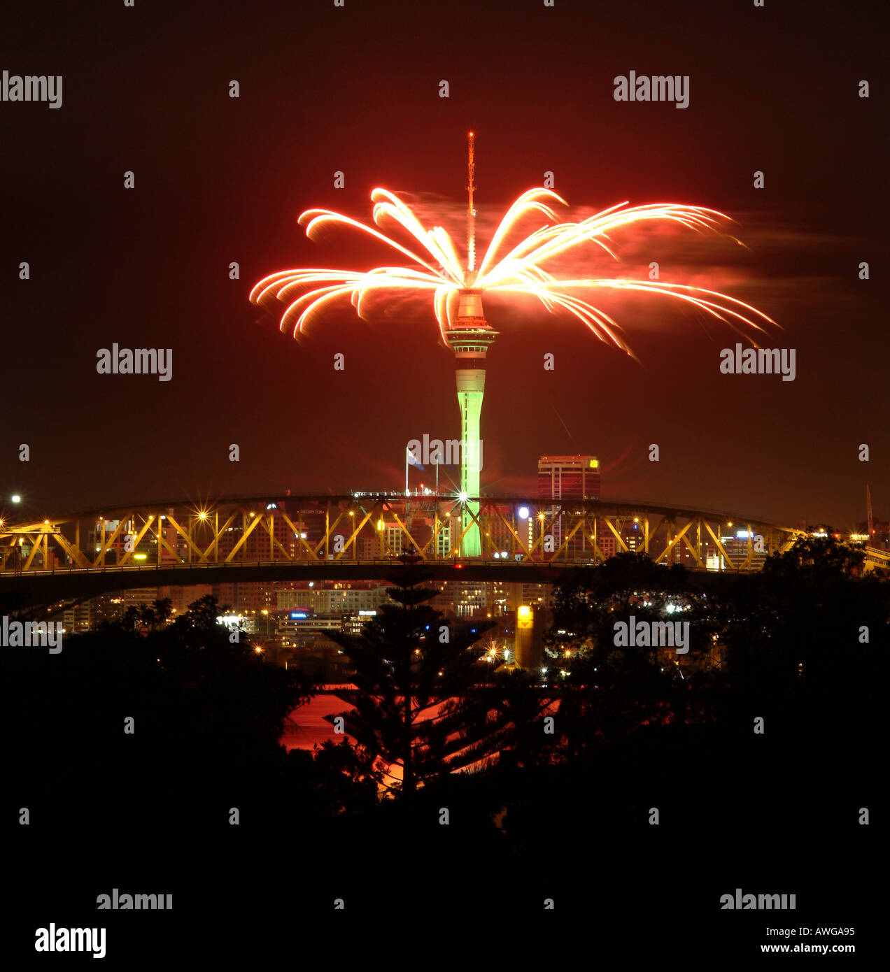 Fireworks at Auckland Sky tower and the city Central Business District