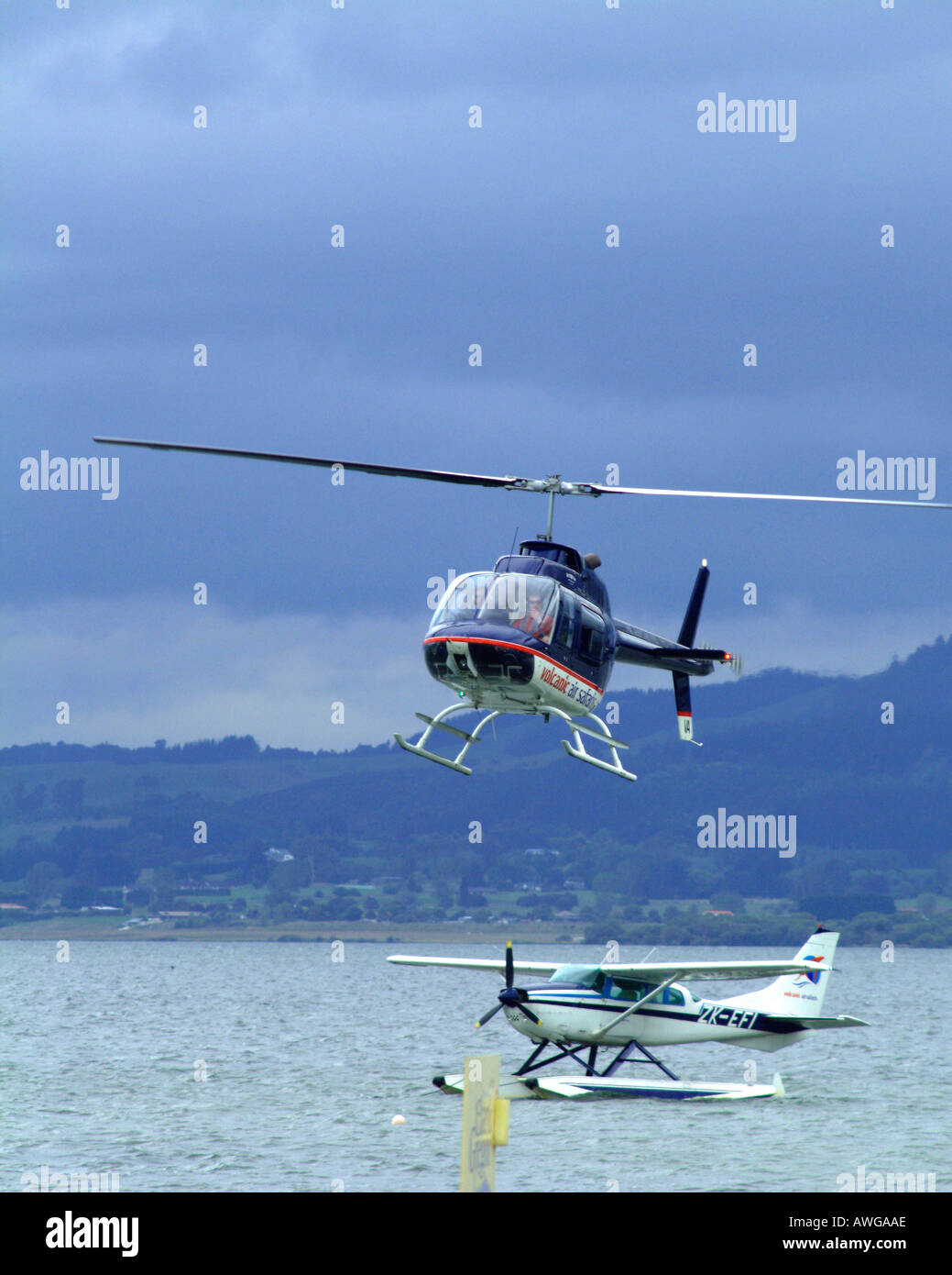 Helicopter and Seaplane Lake Taupo North Island New Zealand Stock Photo