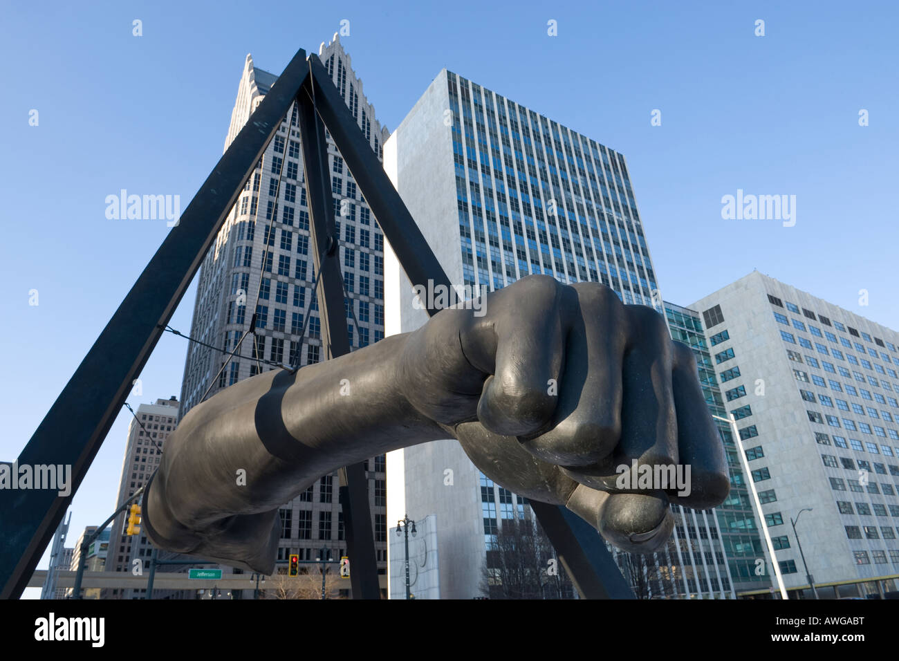 Joe Lewis fist sculpture in downtown Detroit Michigan USA Stock Photo