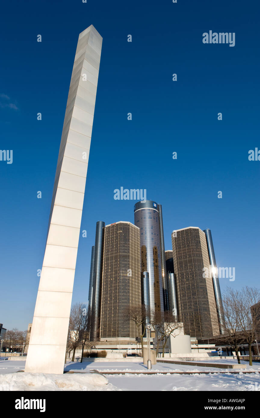 Isamu Noguchi sculpture Phylon in Hart Plaza with the Renaissance Center in the backgroundDetroit Stock Photo