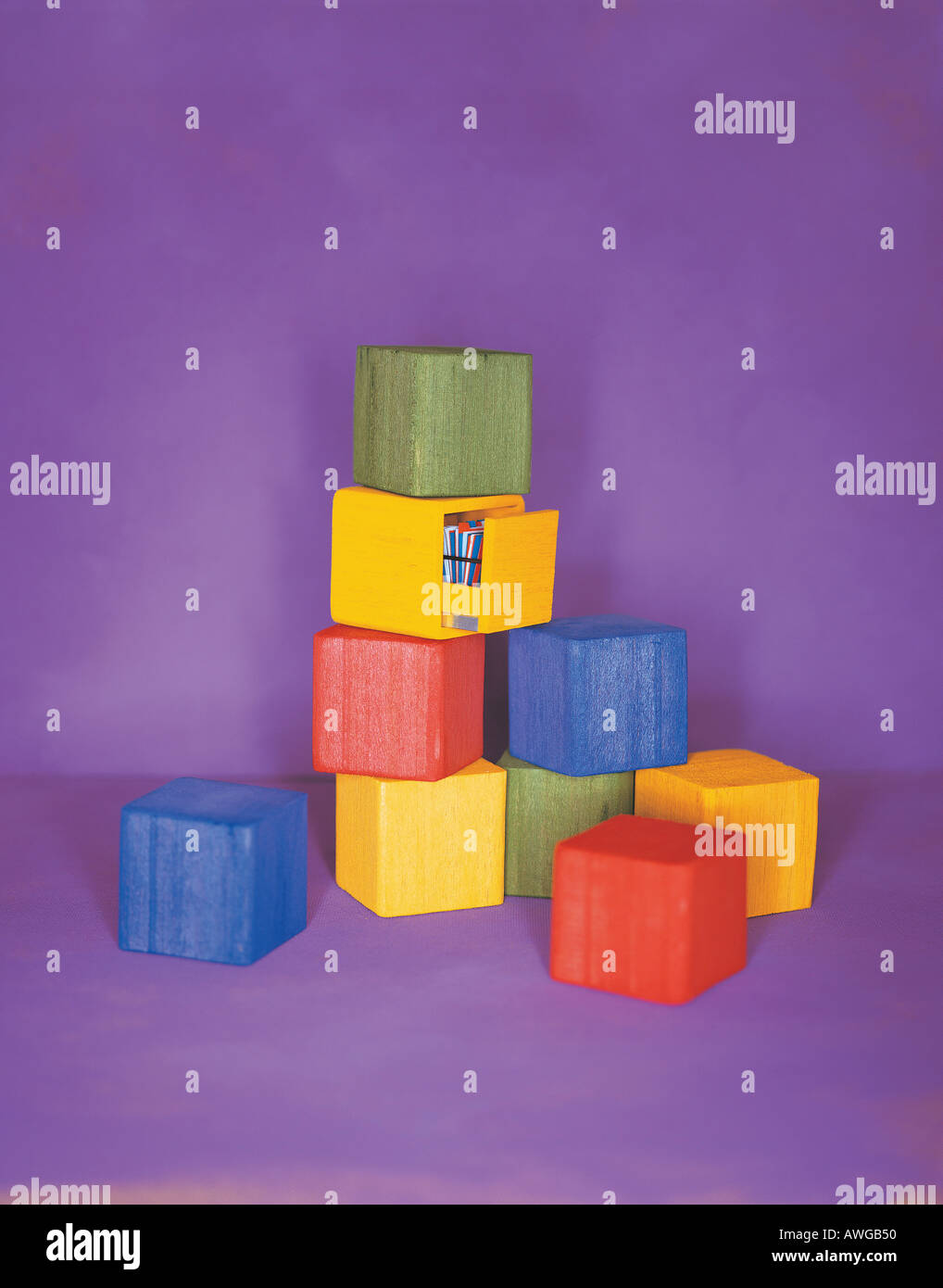 Children s building blocks stacked in a pile Stock Photo