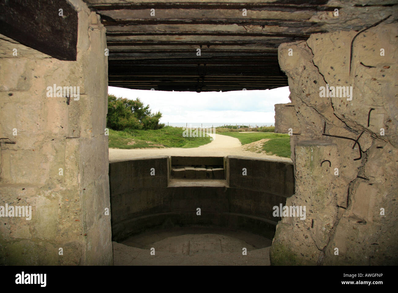 The view from inside an artillary encasement at Point du Hoc looking out across the Englich Channel. Stock Photo