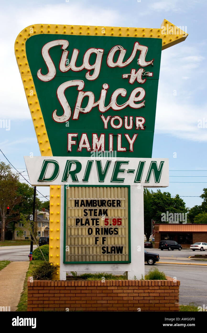 Sugar n Spice Drive In sign located in Spartanburg South Carolina Stock Photo