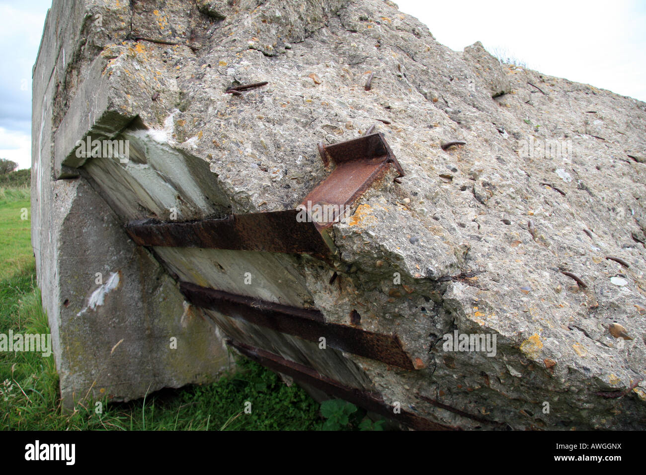 A roof section from a reinforced concrete gun emplacement Pointe du Hoc, France. Stock Photo