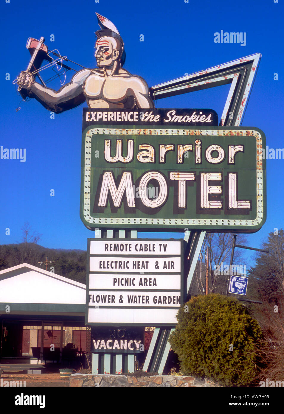Warrior Motel sign located in Bryson City North Carolina Stock Photo