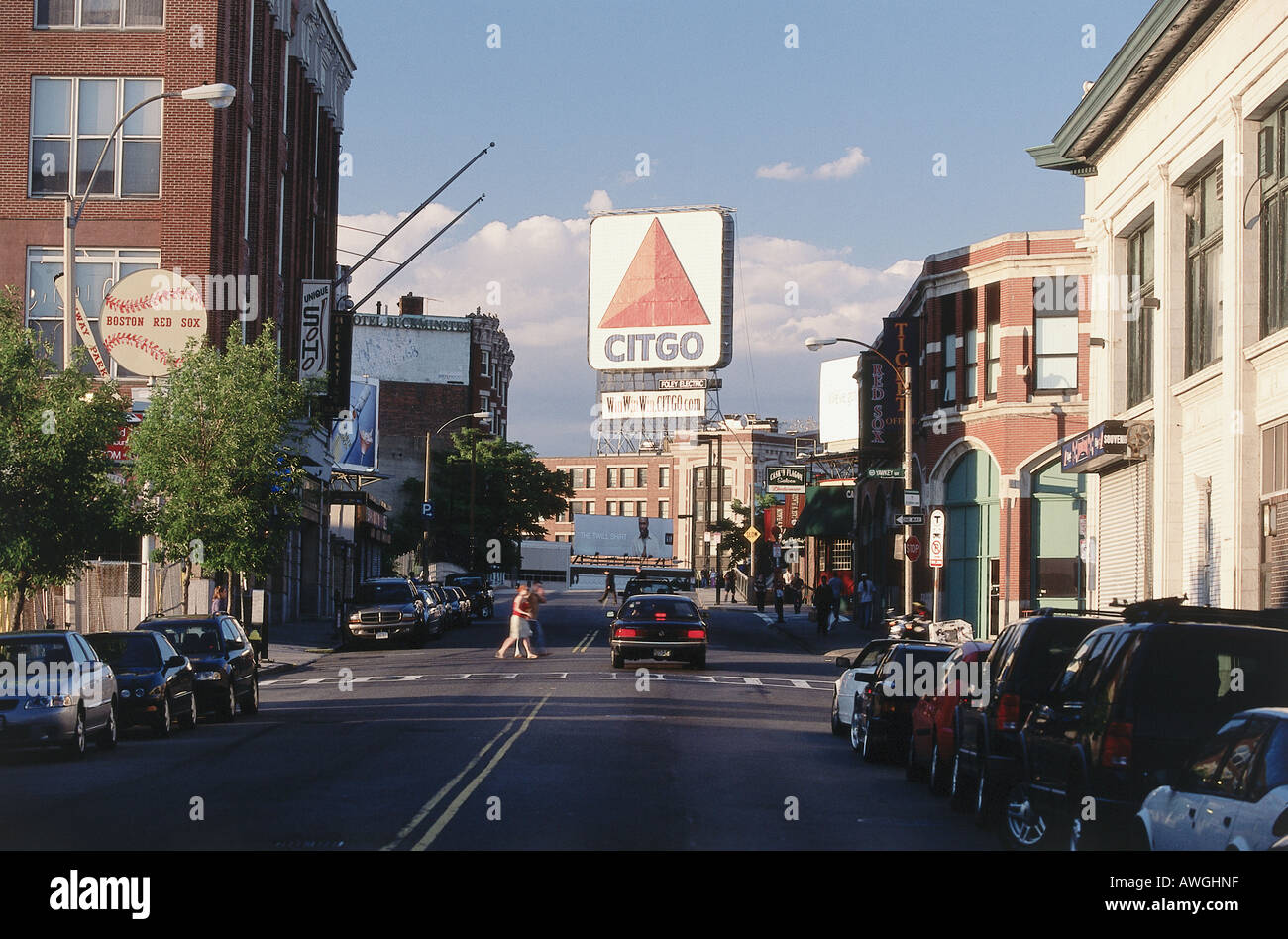 USA, Massachusetts, Boston, Kenmore Square, CITGO sign, prominent landmark dominating busy area of Boston lined with parked cars Stock Photo