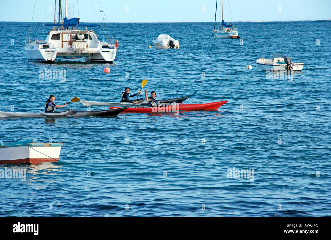 Corralejo, Fuerteventura, Canary Islands: kayaking off this tourist town’s small main beach Stock Photo