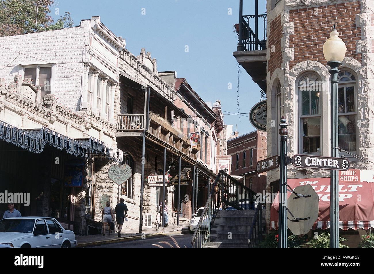 USA, Arkansas, Eureka Springs, steeply inclined streets of  Victorian commercial area Stock Photo