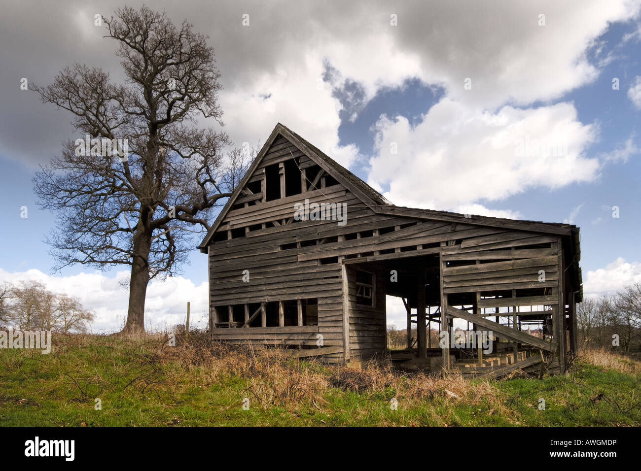 An old wooden barn on the point of collapse Stock Photo