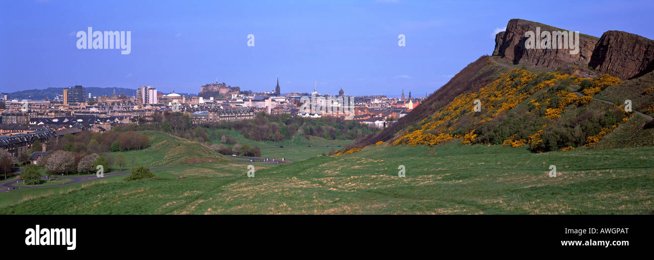 Edinburgh City and Edinburgh Castle from Salisbury Craigs, Lothian, Scotland, UK Stock Photo