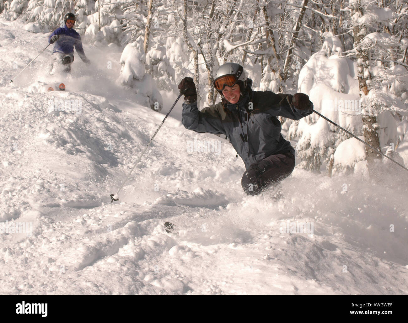 A couple of telemark skiers enjoy the powder at Sugarbush Resort’s Mt