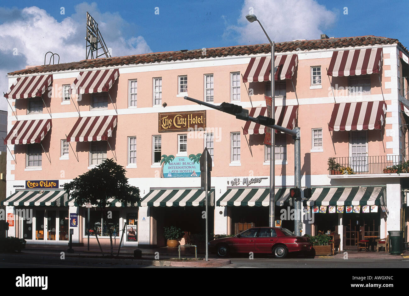 USA, Florida, Miami, SoBe, Clay Hotel and Youth Hostel, facade of Spanish-style establishment, built 1925 Stock Photo