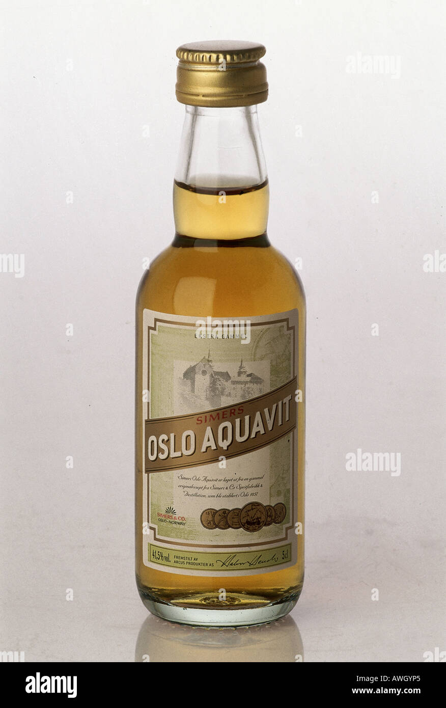 Norway miniature glass bottle containing Linie Aquavit Stock Photo