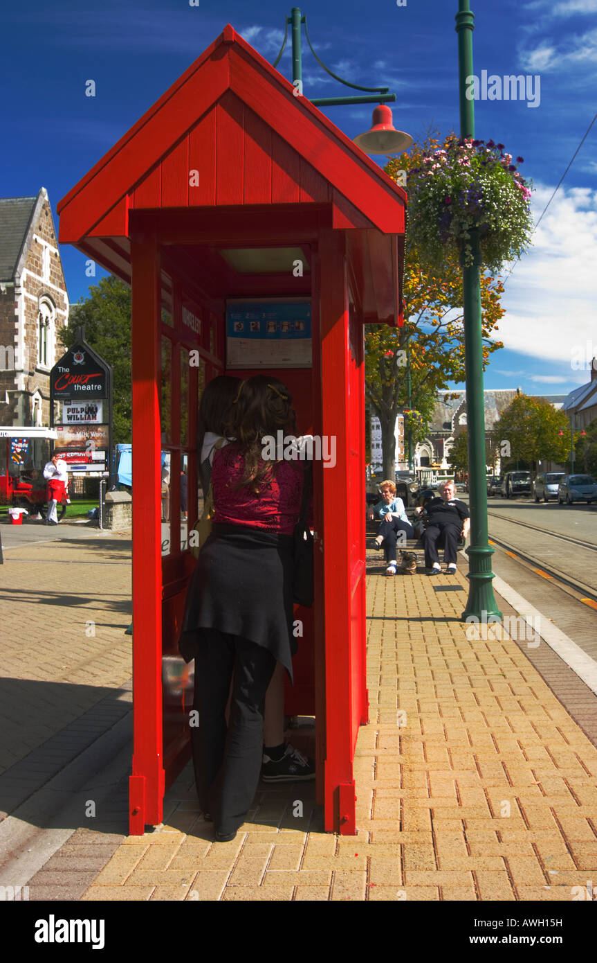 A traditonal red telephone box outside the Arts Centre, Christchurch, New Zealand. Stock Photo