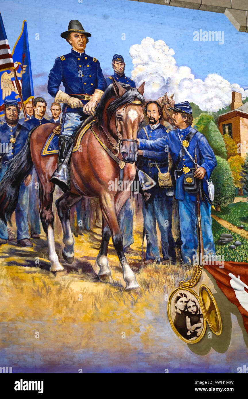 General W H L Wallace and Union troops in a mural by G Byron Peck in the Public Art Murals program in Ottawa Illinois Stock Photo