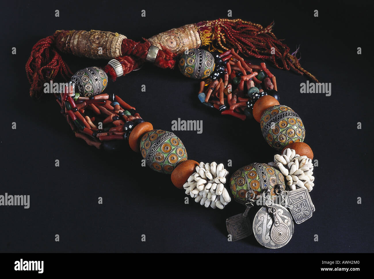Morocco, Berber necklace strung with coral, amber and shells Stock Photo