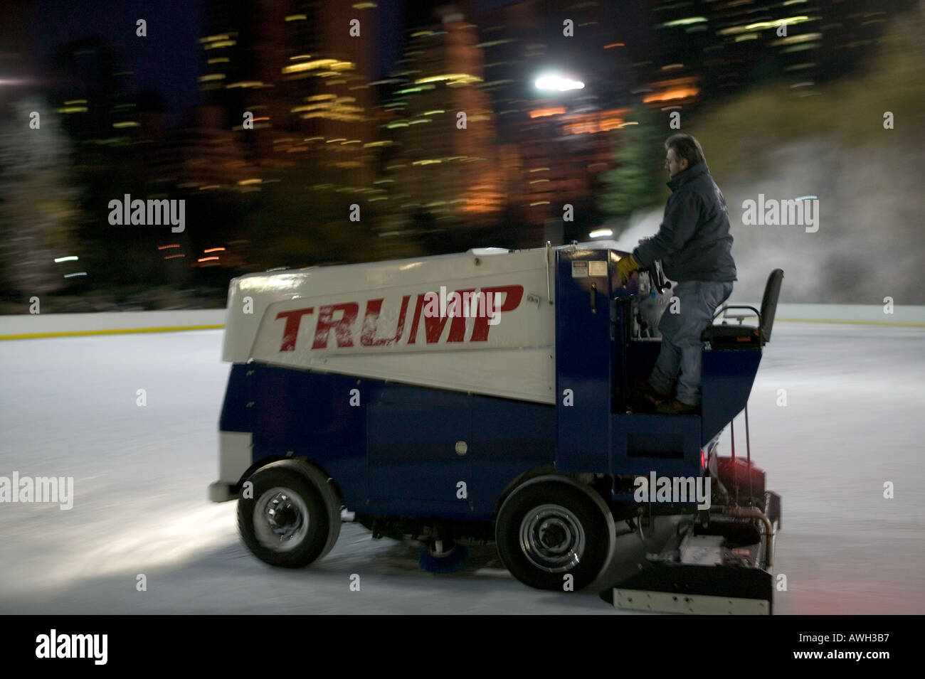 Zamboni machine resurfacing the ice of the Wollman rink in Central Park New York USA November