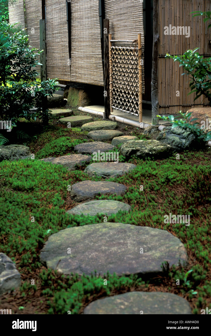 Stepping stones leading to Tea House in the Zen garden of Zuiho in Temple Kyoto Japan Stock Photo