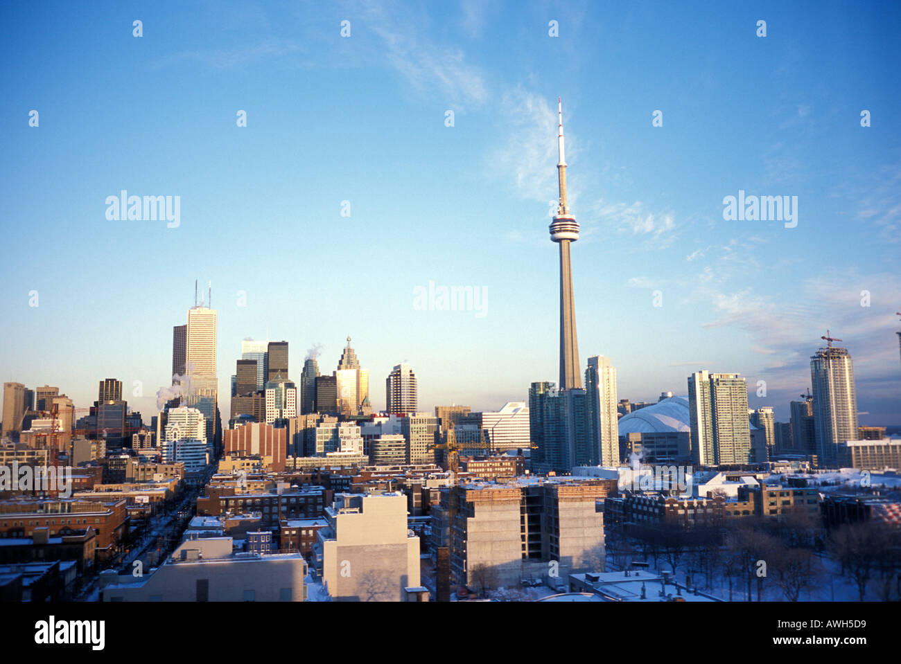 View of central financial district and CN Tower in Toronto Ontario in winter Stock Photo