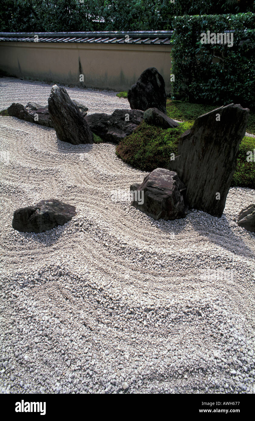 Carefully raked sand in the Zen garden of Zuiho in Temple Kyoto Japan Stock Photo