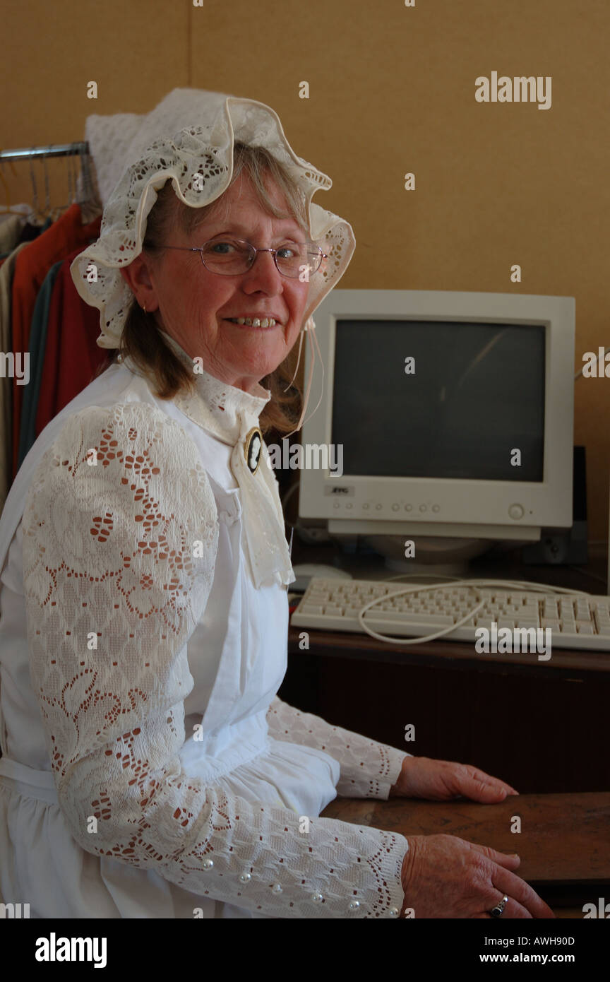 elderly lady sits at IBM computer dsc 2667 Stock Photo