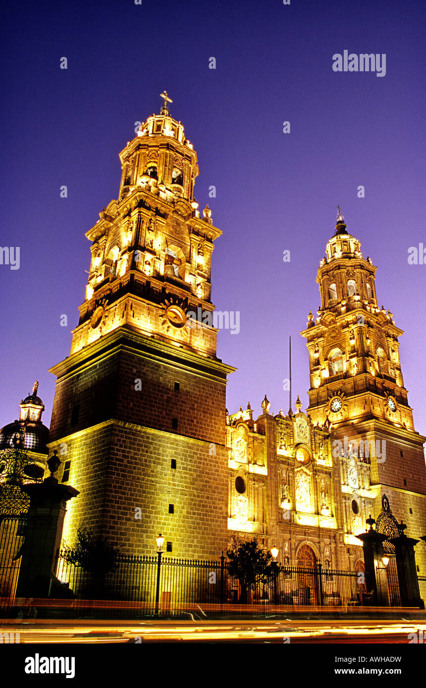 Exterior of the 17th century Herrerresque Baroque and neo classically styled Cathedral in the city of Morelia Michoacan state Stock Photo