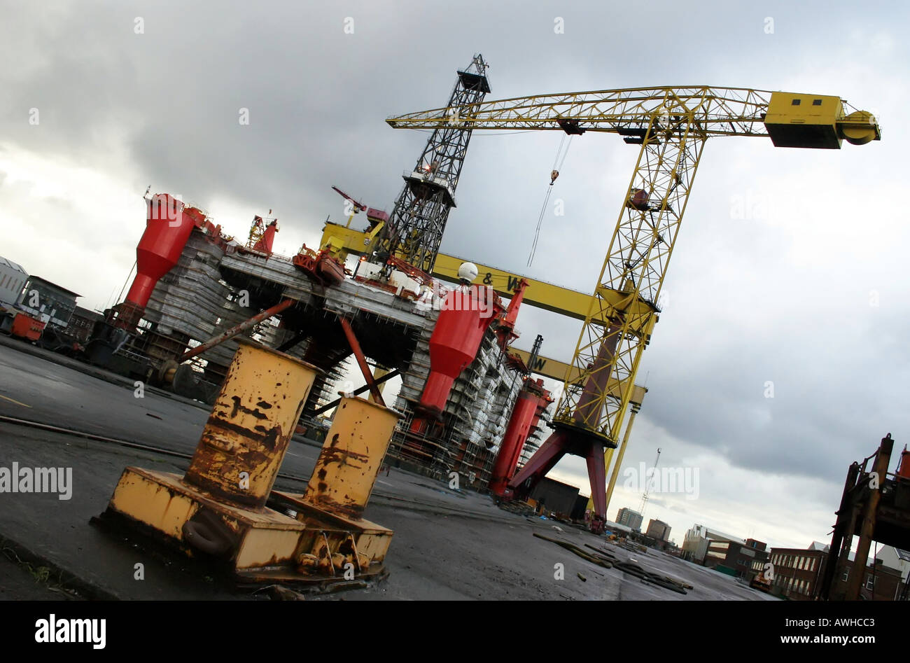 Oil rig in dry dock for refit in Harland and Wolff shipyard, Belfast, Northern Ireland Stock