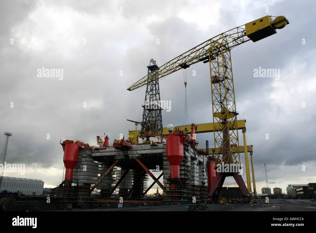 Oil rig in dry dock for refit in Harald and Wolff shipyard, Belfast ...