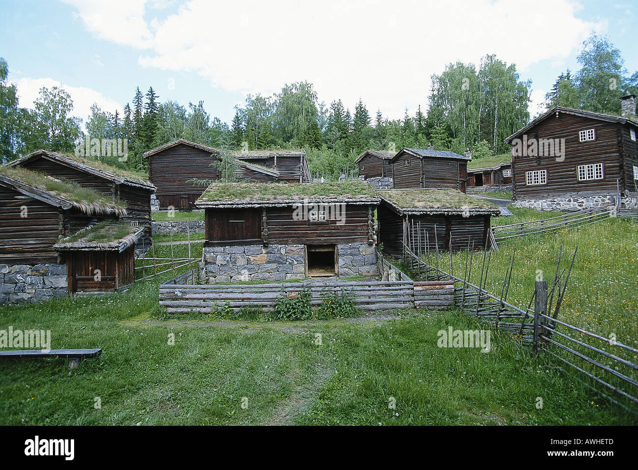 Norway, Eastern Norway, Lillehammer, Mailhaugen, De Sandvigske Samlinger, wooden houses, some with turf roofs Stock Photo