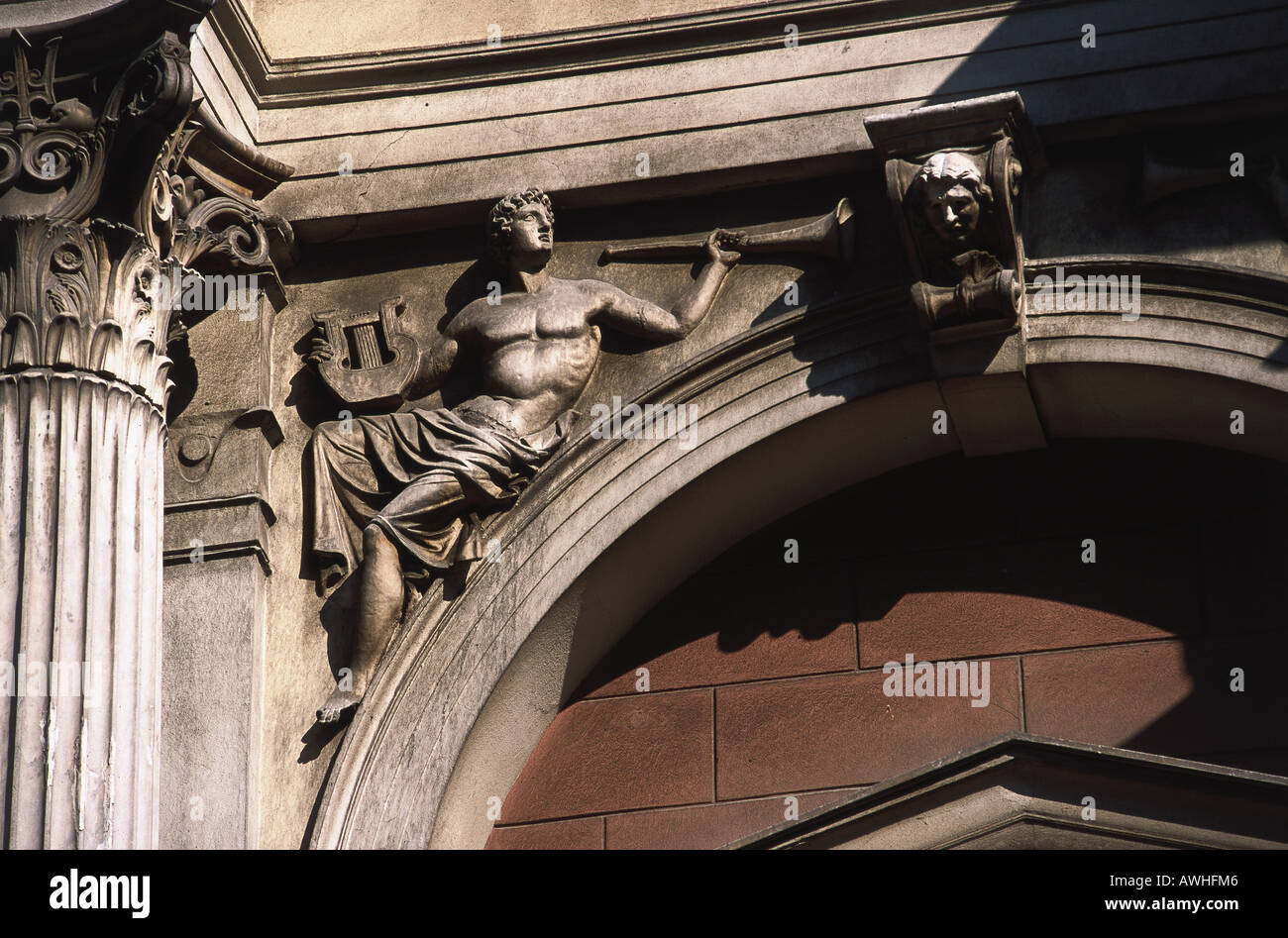 Greece, Athens, Aghiou Konstantinou, National Theater, carved stone ornamental mouldings above pediment Stock Photo