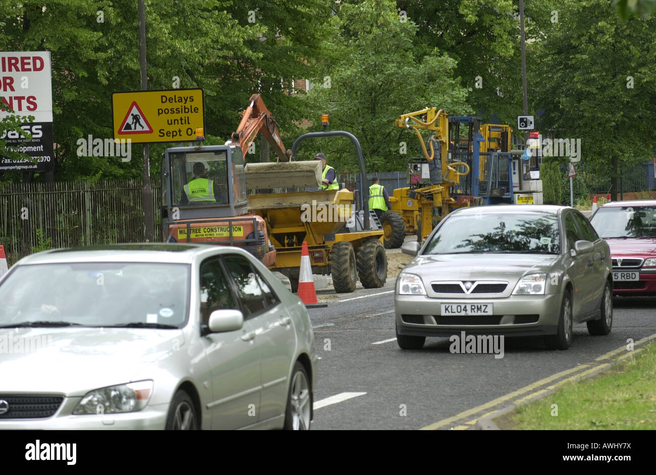 Traffic queue caused by bus lane works on the A6 in Bedford UK Stock Photo