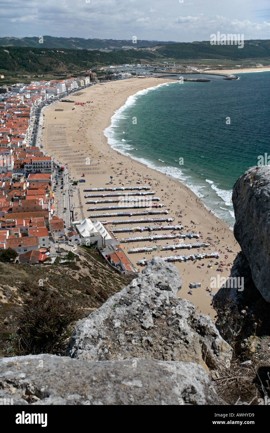 A bird's eye view of the wide beaches at the coastal resort town of Nazaré on Portugal's Atlantic seaboard. Stock Photo