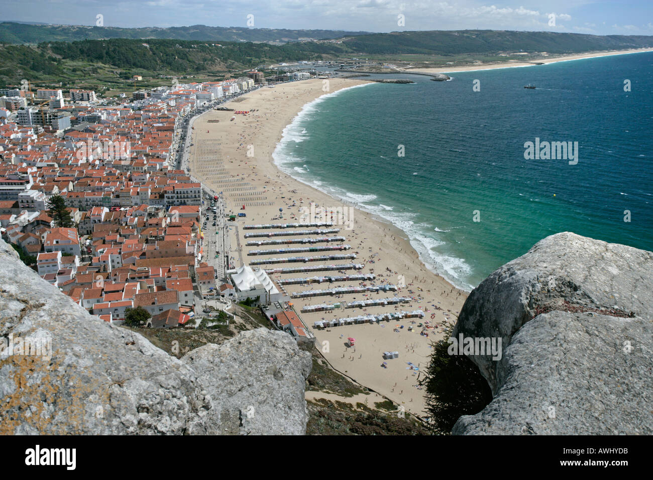 A bird's eye view of the wide beaches at the coastal resort town of Nazaré on Portugal's Atlantic seaboard. Stock Photo