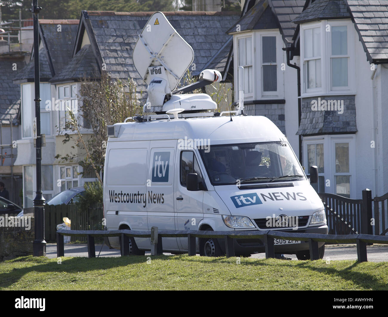 ITV News van parked up on Breakwater Road, Bude Canal Stock Photo