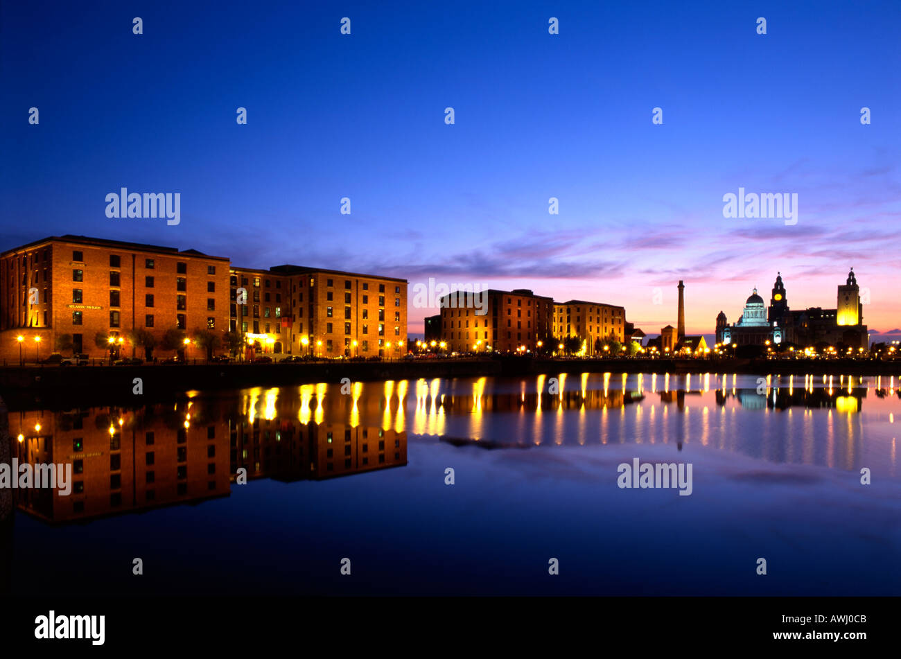 Albert Dock Pier Head Liverpool at dusk Stock Photo