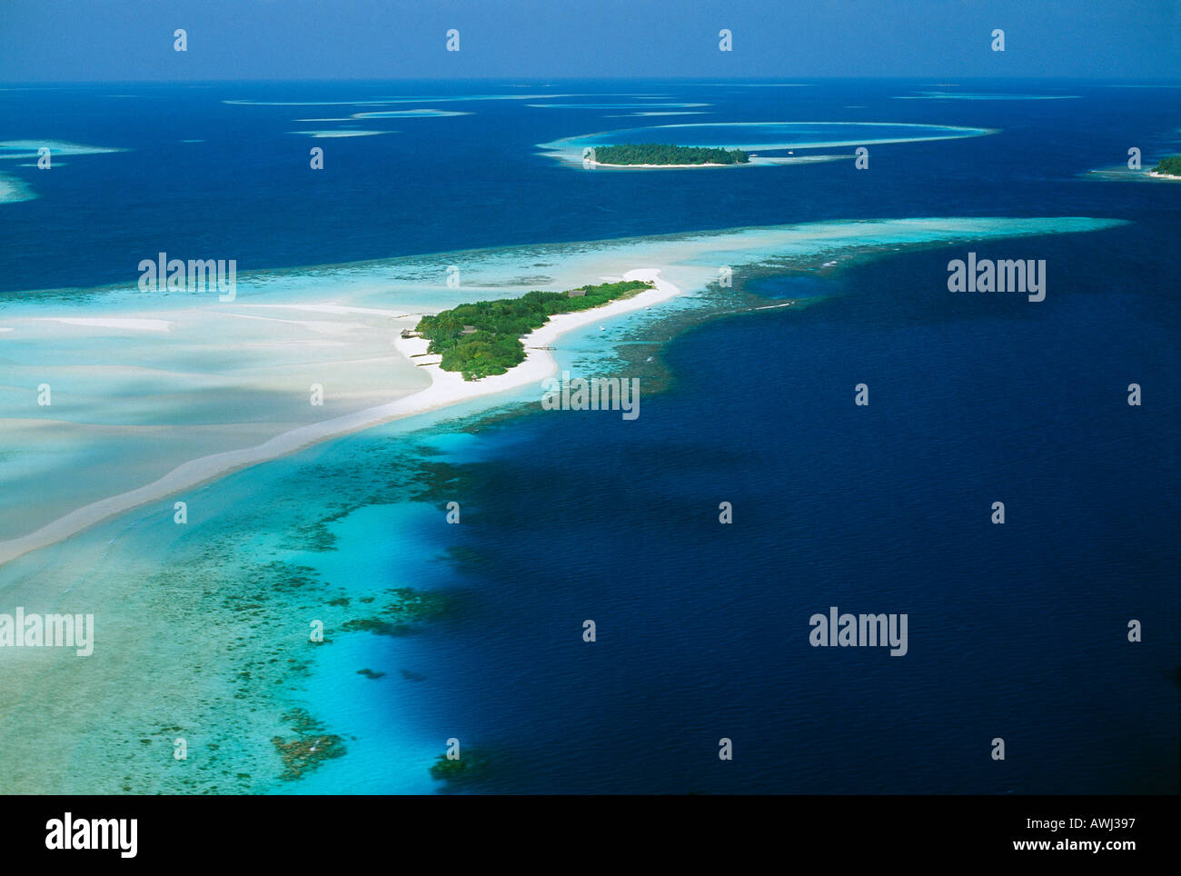 Coral Atolls from the air South Male Atoll Maldives Stock Photo