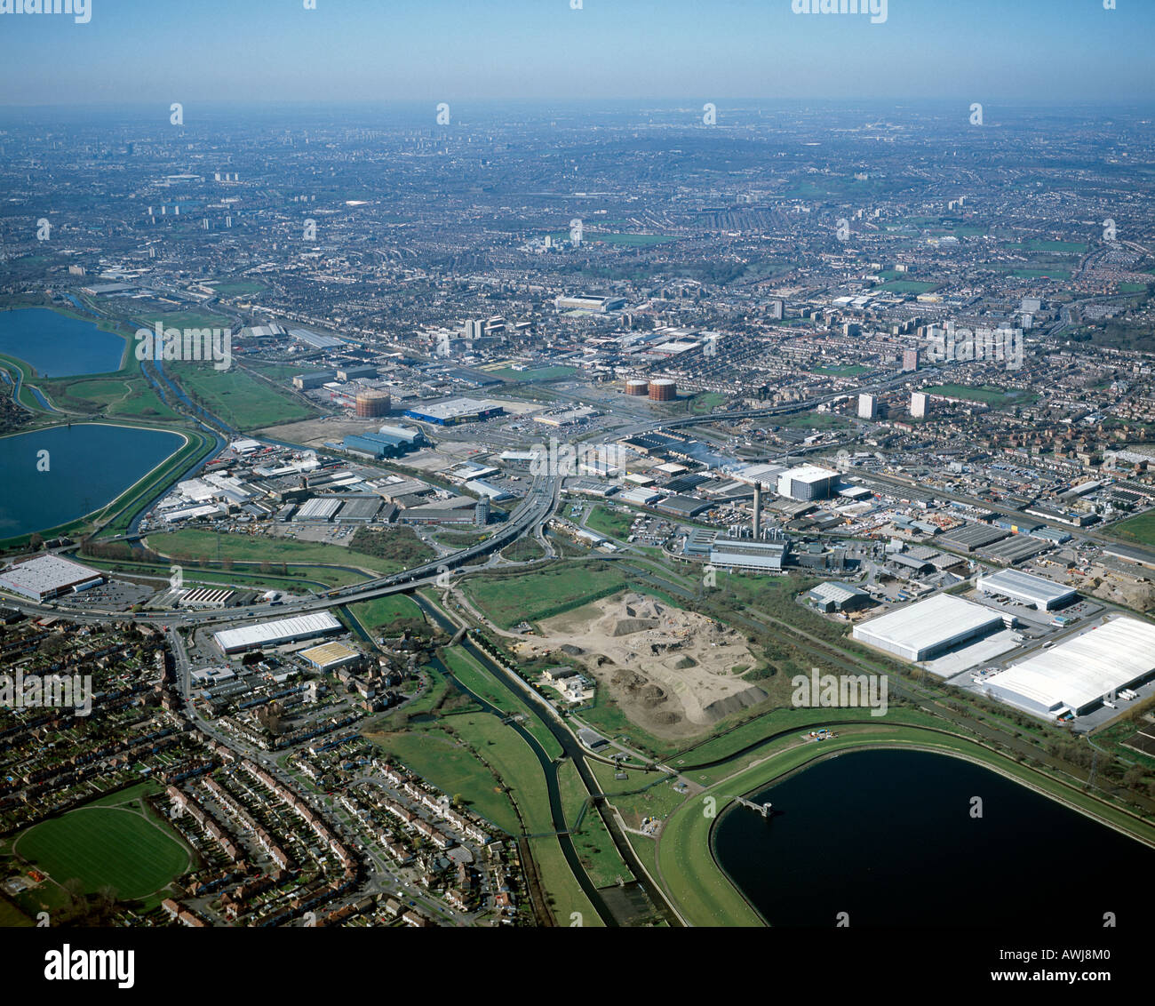 High level oblique aerial view south west of Edmonton and River Lea Valley trading estate with A406 Stock Photo