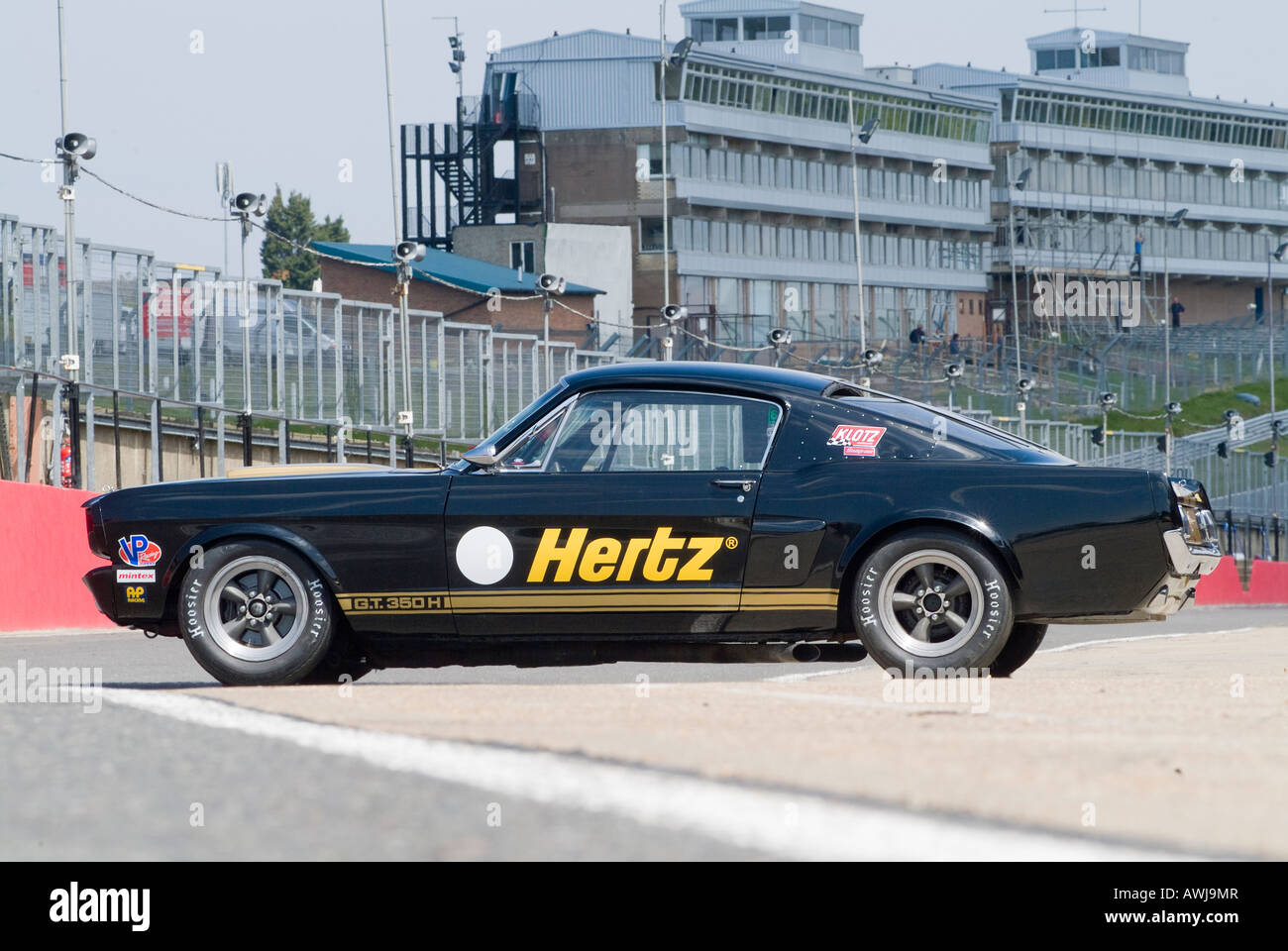 side view of a Shelby Mustang GT350H car on a circuit in the uk Stock