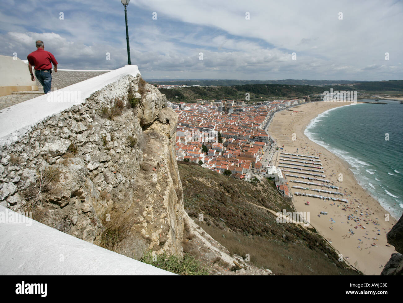 A bird's eye view of the wide beaches at the coastal resort town of Nazaré on Portugal's Atlantic seaboard. Stock Photo
