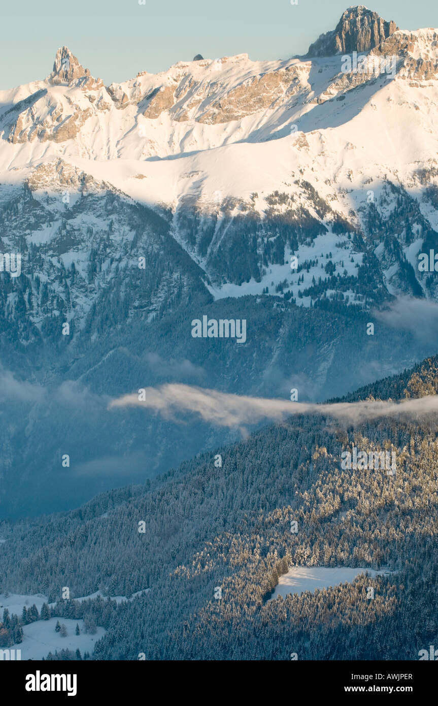 View of alpine peaks after a strong snowfall in the Illiez valley, Western Switzerland Stock Photo