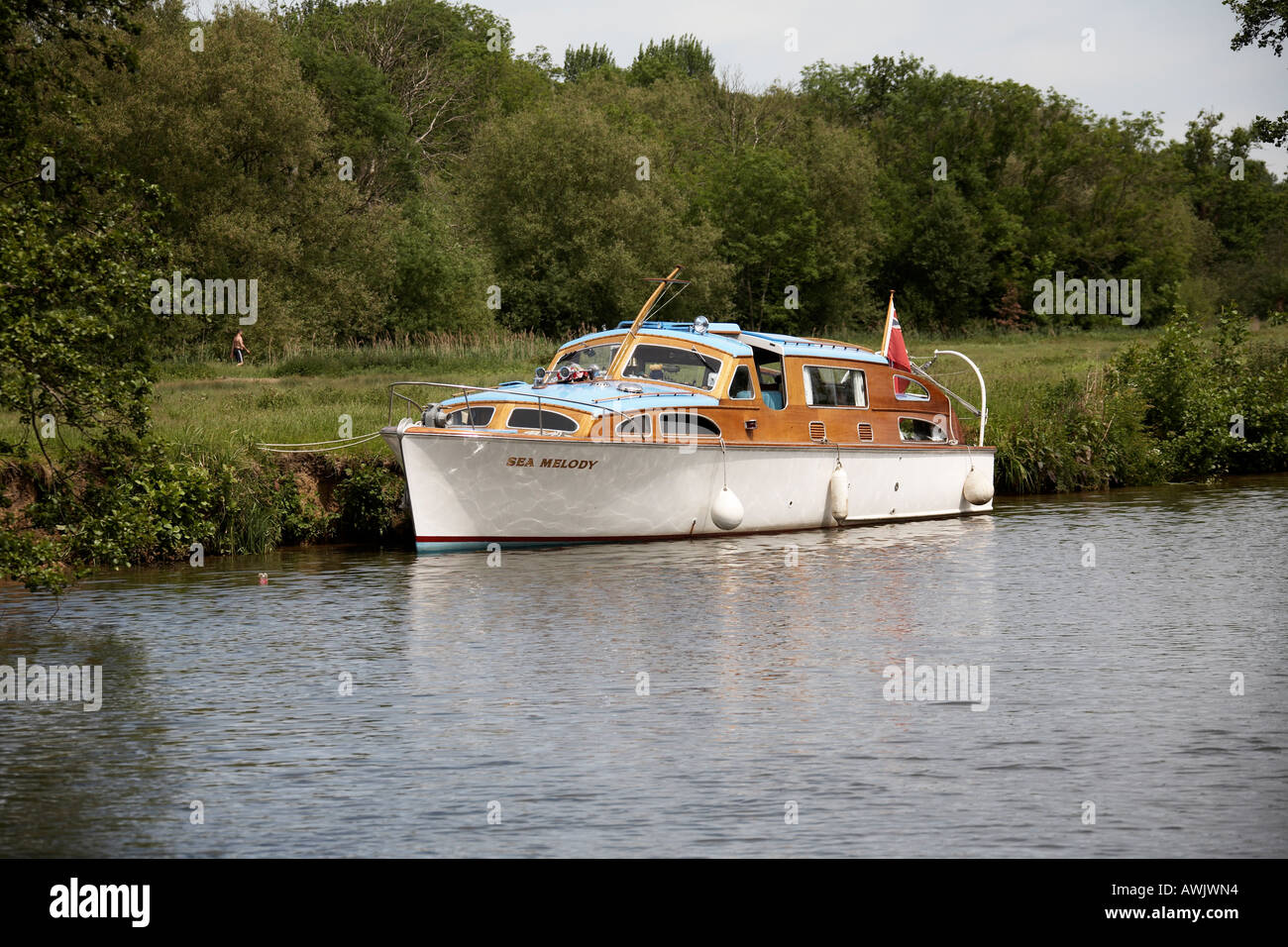 Traditional wooden cabin cruiser motor yacht pleasure boat moored near Medmenham Stock Photo