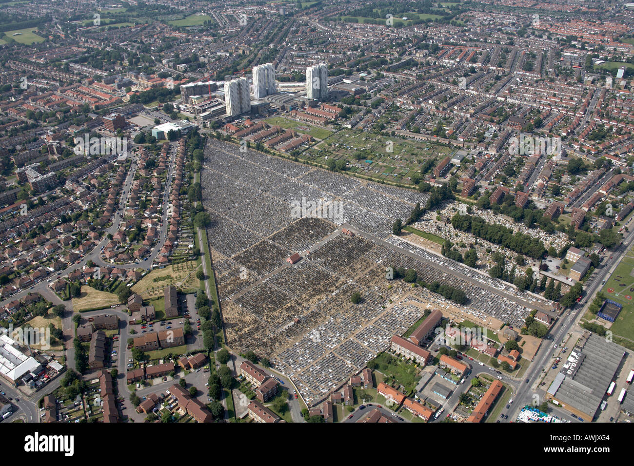 High level oblique aerial view north west of Edmonton Federation Cemetry Jewish Cemetry Tottenham Park Cemetry Stock Photo