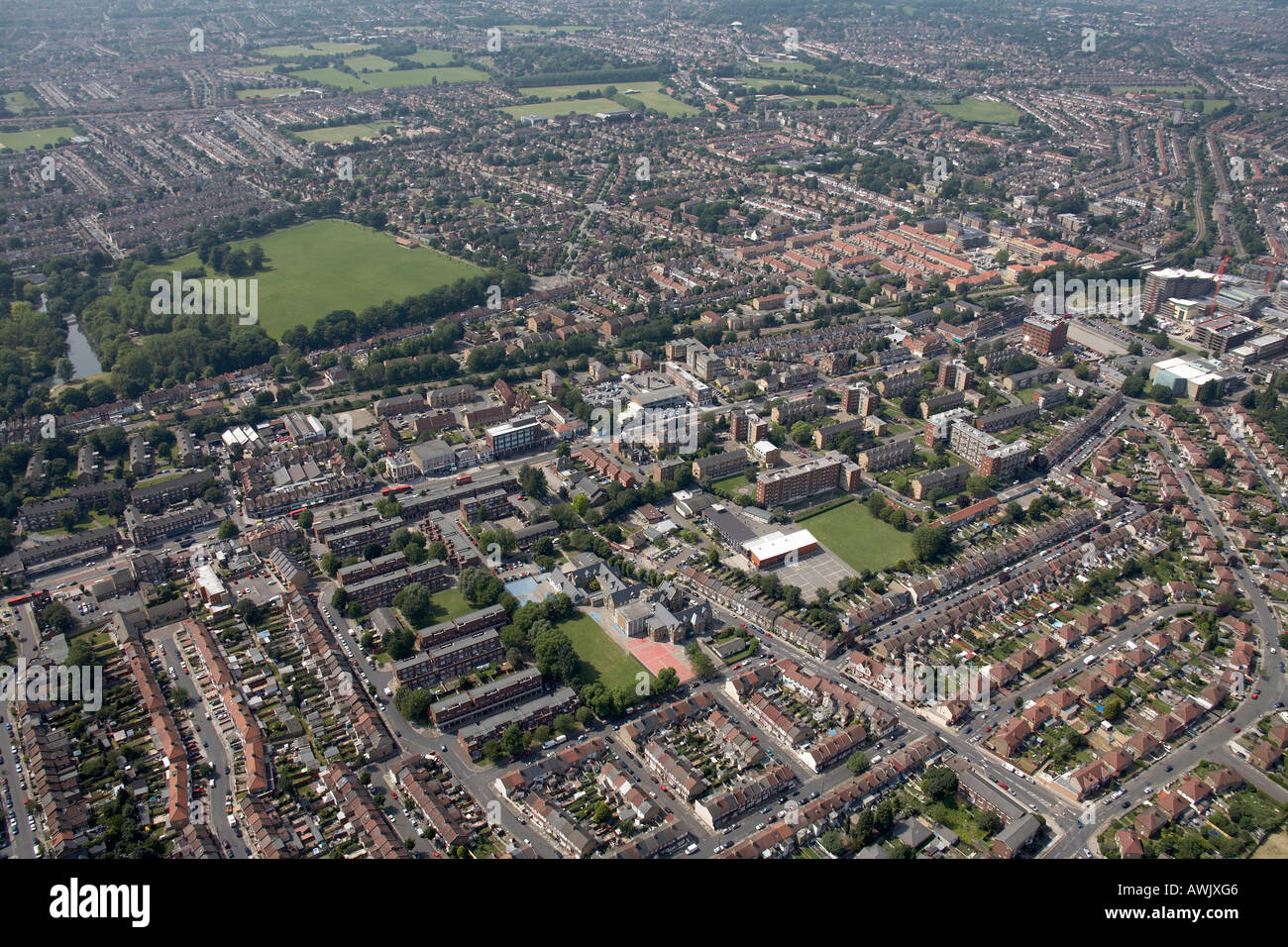 High level oblique aerial view north west of Pymmes Park Edmonton Green Shopping Centre Stock Photo