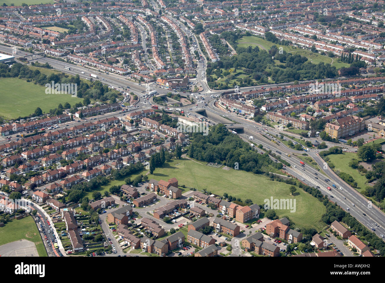 High level oblique aerial view north west of junction N406 A10 North Circular Great Cambridge Road Hollywood Gardens Stock Photo