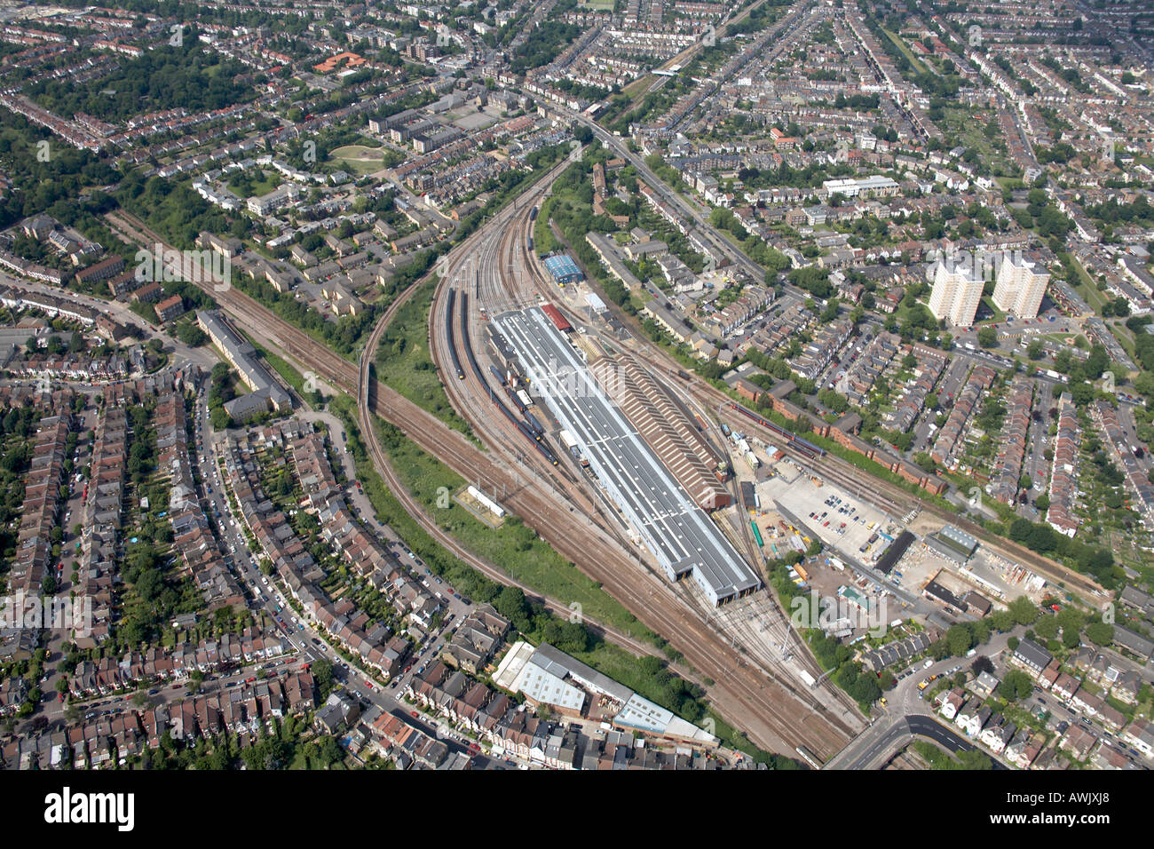 High level oblique aerial view north of train depot Wood Green Wood Green Haringey London N22 England UK Stock Photo