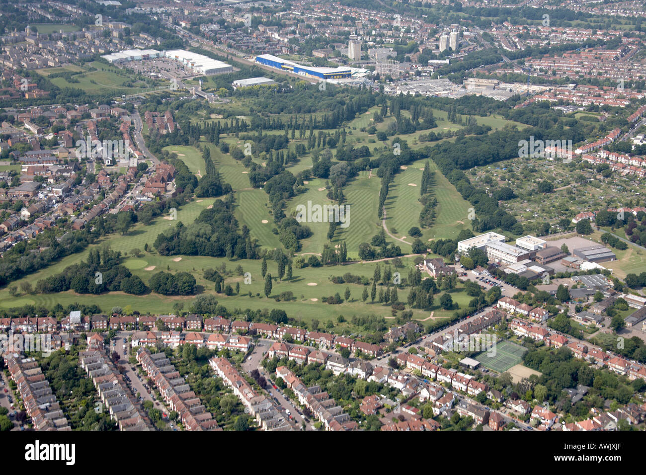 High level oblique aerial view north west of Muswell Hill Golf Course Secondary School Sports Centre Sports Ground Allotment Stock Photo